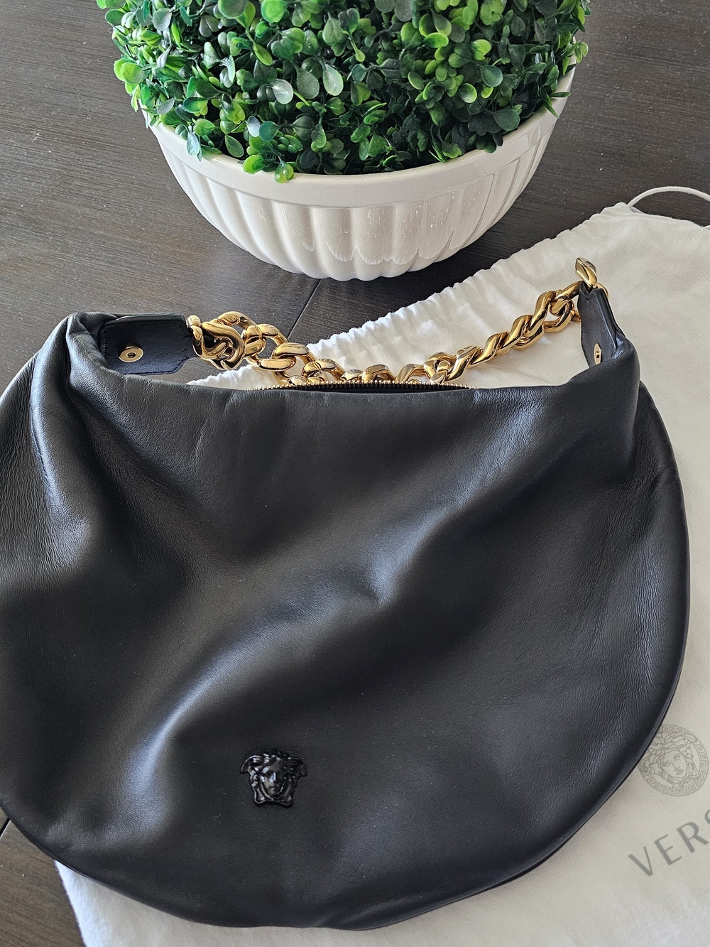 Versace Black Leather Hobo with Gold Chain Handle
